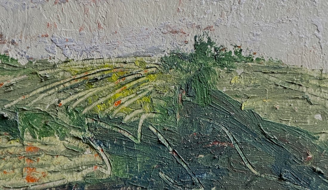A textured oil painting of a landscape
